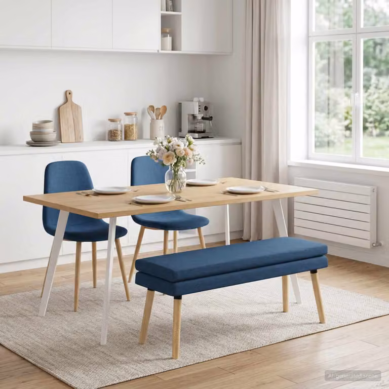 Panchina moderna vidaXL in tessuto blu con struttura in legno, L 110 x P 40 x H 47 cm
