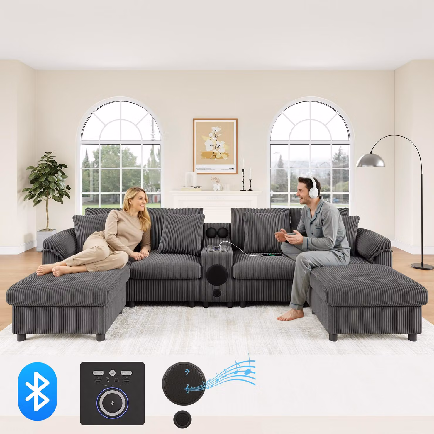 Merax Divano ad angolo a 4 posti a forma di U, divano modulare in velluto con altoparlanti Bluetooth, ricarica wireless, porte USB, portabicchieri, divano, grigio