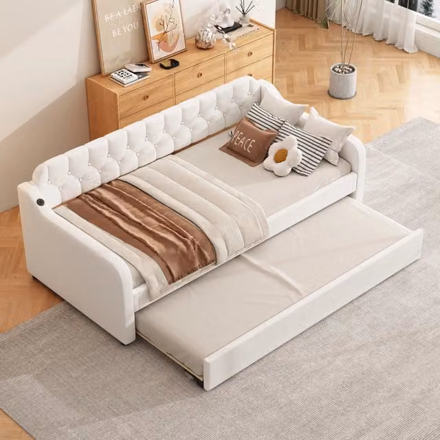 Letto divano singolo 90 × 200 cm, letto estraibile e presa USB, senza materasso, lino e MDF beige