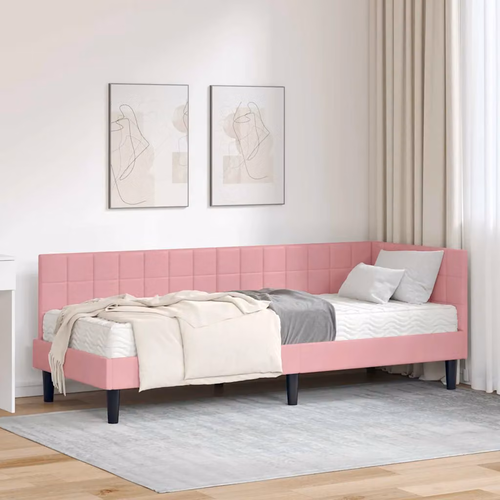 vidaXL Struttura Letto Angolare con 2 Materassi in Schiuma, Rivestimento in Velluto Rosa, L/P/H: 200 x 80 x 72 cm