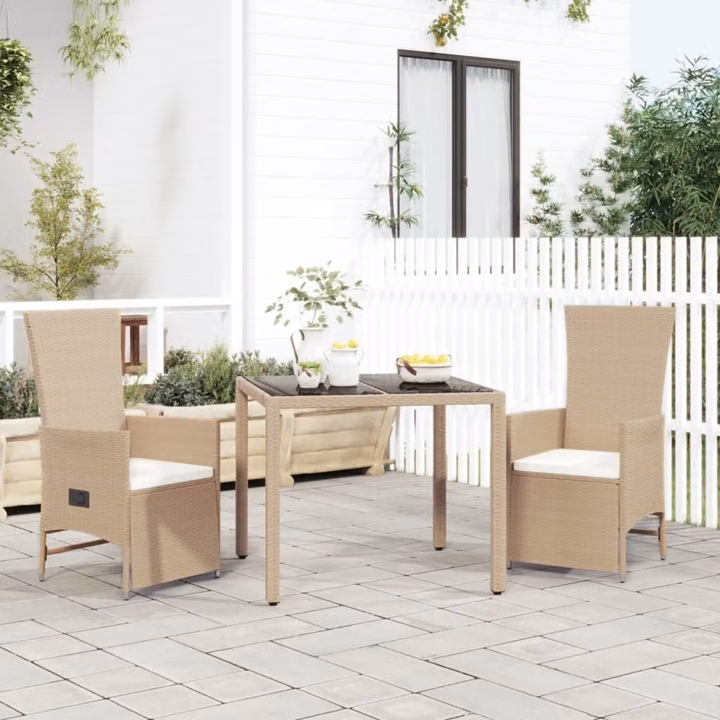The Living Store Set da pranzo da giardino 3 pezzi con cuscini Beige poly rattan