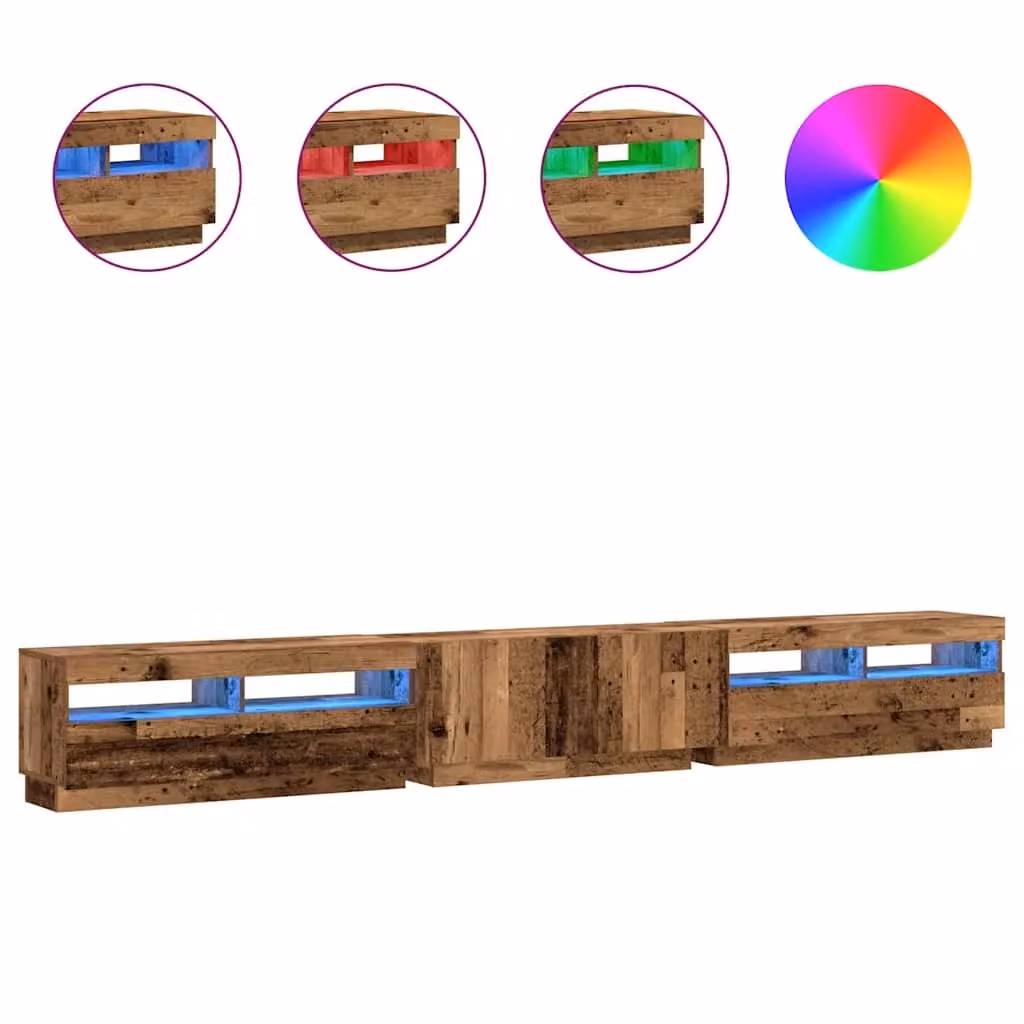 Set di 3 mobili porta TV HELLOSHOP26 in legno composito con finitura effetto legno anticato marrone e luci LED integrate, L/P/H: 300 x 35 x 40 cm – 2