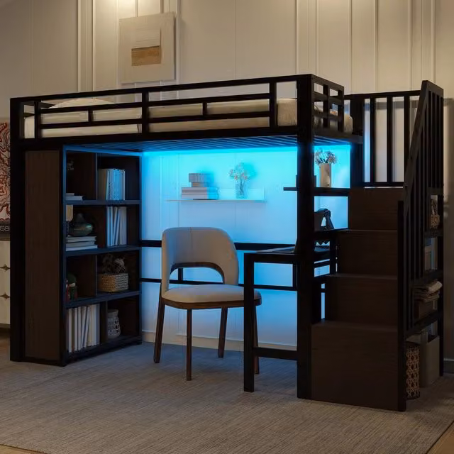 Letto a Soppalco con Scrivania e LED ¨C Xylo ¨C Struttura Metallo Nero 90x200