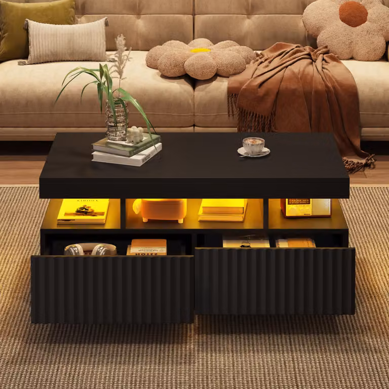 Tavolino da caffè, dimensioni 100 x 50 x 45 cm, realizzato in pannello di fibra di legno (PB) al 100%, colore nero, dotato di 2 cassetti, vano centrale aperto e barra luminosa LED con controllo tramite app