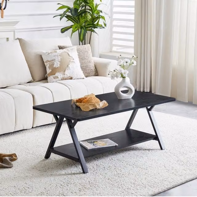 Tavolino basso Mivray con struttura a X e ripiano inferiore in MDF e metallo nero L: 110 cm, P: 57 cm, H: 44.5 cm