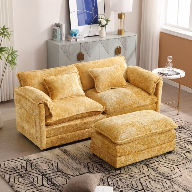 LVHOM divano angolare a L, divano a 2 posti con pouf, set divano zona giorno, divano boucle set angolare, 195x81x129 cm, giallo