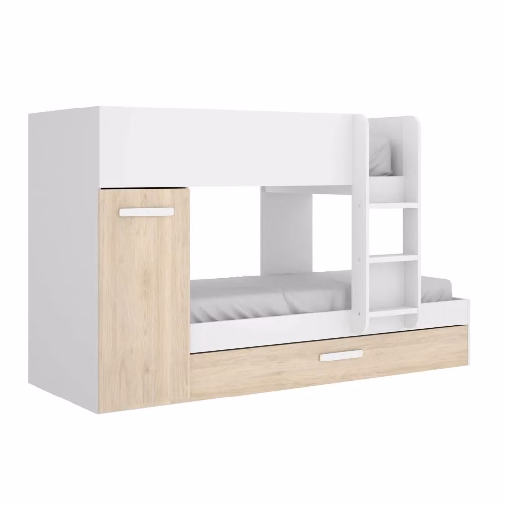 Letto a castello per bambini Hikaa DMORA con armadio e cassettiera, composizione completa per cameretta in Rovere e Bianco, L: 244 cm, H: 150 cm, P: 112 cm – 2