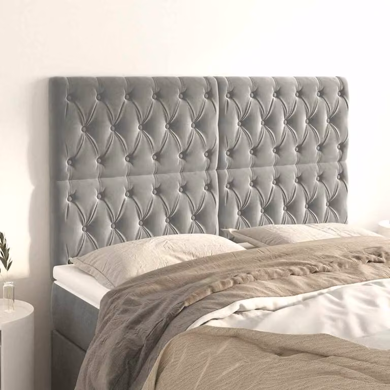 Testiera per letto vidaXL in velluto grigio con struttura in legno e MDF, L: 144 cm, P: 7 cm, H: 118-128 cm