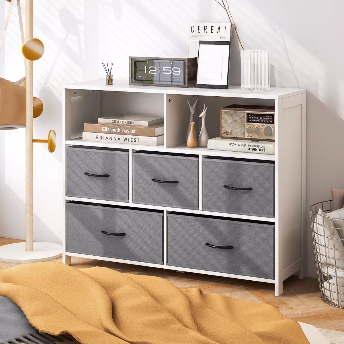 Comò Costway con 2 grandi ceste e 3 medie in tessuto pieghevole, Organizzatore per la casa moderno Bianco e Grigio