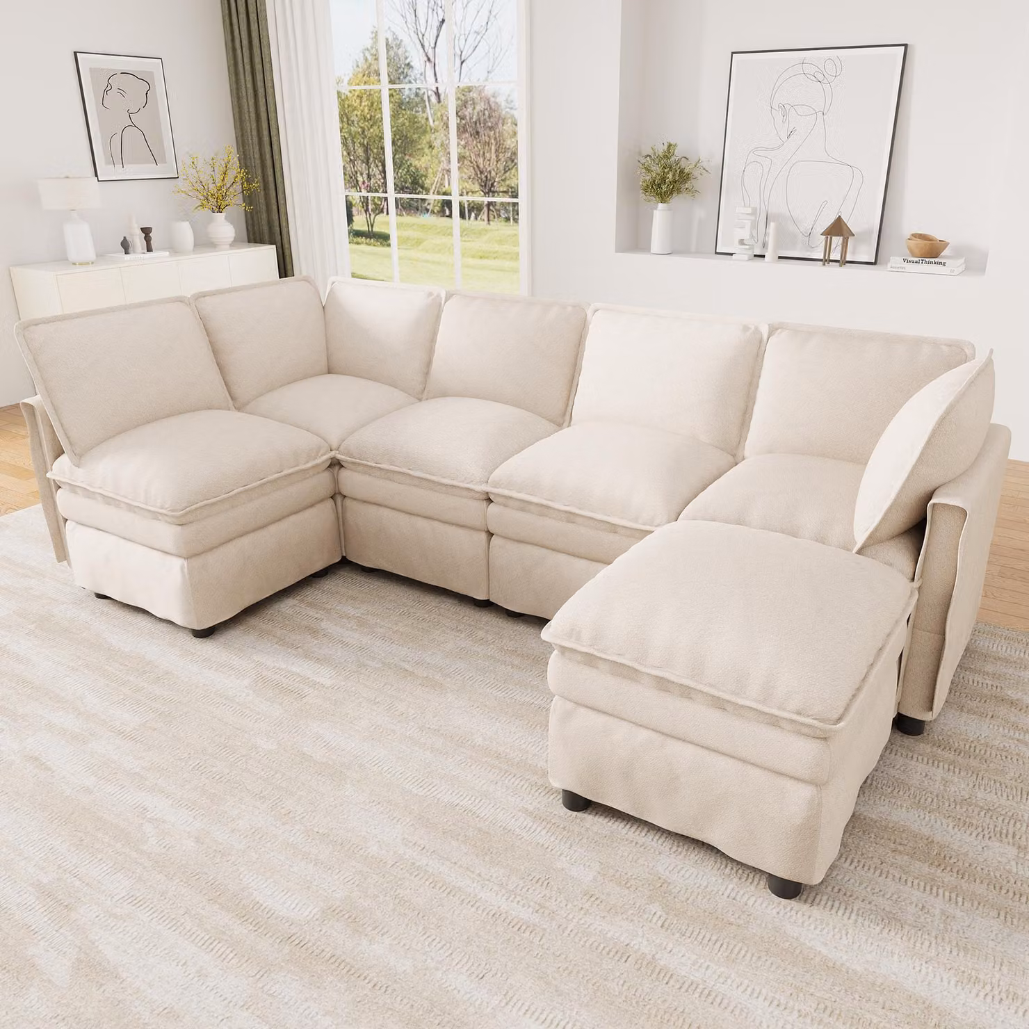 Divano angolare modulare XXL Merax con funzione letto, divano componibile a forma di U/L per 6 persone, rivestito in tessuto effetto velluto "Cloud", con poggiatesta regolabili, ideale per il soggiorno, colore beige