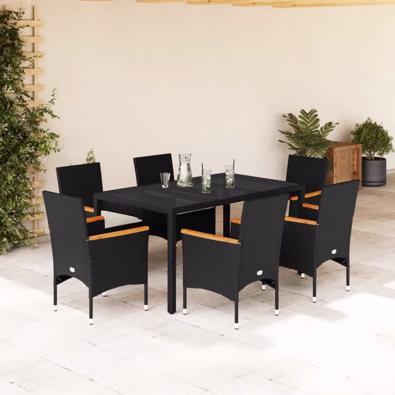 Set Pranzo da Giardino vidaXL in Polyrattan e Legno di Acacia con Cuscini, 7 Pezzi, Nero e Bianco