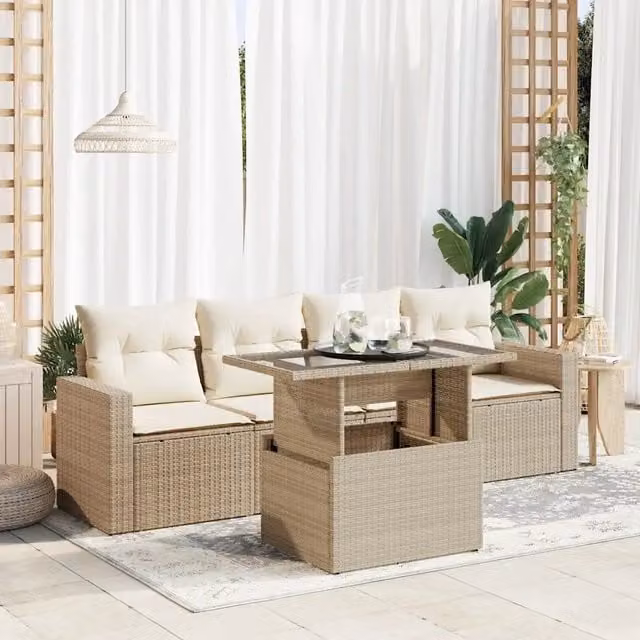 Set Divano da Giardino 5 Pezzi vidaXL con Cuscini Beige e Tavolino in Polyrattan e Metallo