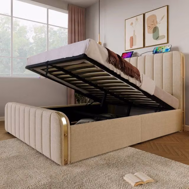 Letto matrimoniale imbottito 140 × 200 cm contenitore idraulico in lino beige con materasso e USB Type-C