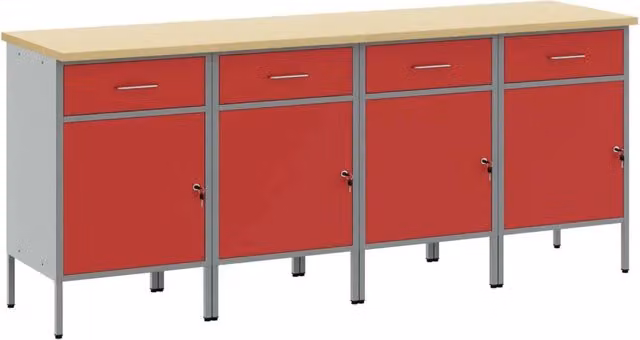 Set di mobili da lavoro vidaXL in acciaio e legno, 4 pezzi, Rosso e Grigio, L: 200 cm, P: 55 cm, H: 85 cm