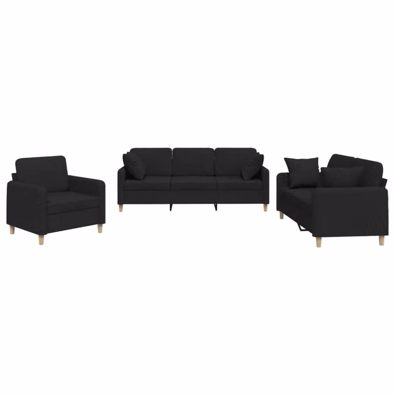 Set Divani 3 pz con Cuscini Nero in Tessuto
