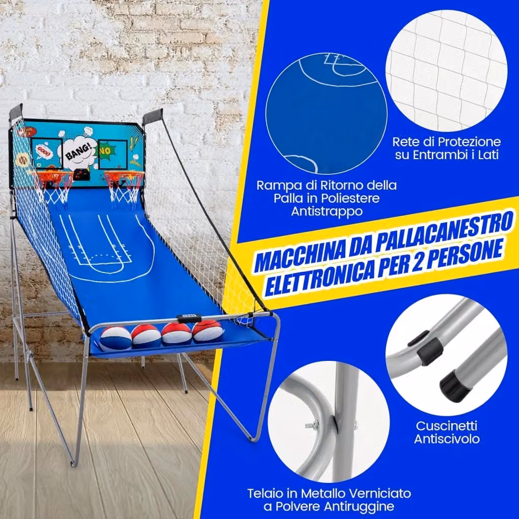 Costway Gioco Arcade da Basket a Doppio Tiro Pieghevole con 8 Modalità di Gioco e Suono Arcade, Azzurro – 3