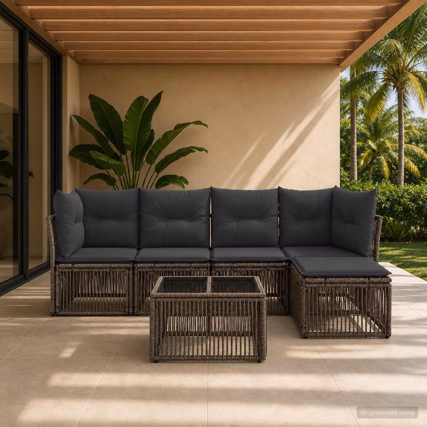 Set Divano da Giardino vidaXL 6 pz Grigio con Poltrona, Tavolino e Ottoman in Polyrattan e Metallo con Cuscini Imbottiti
