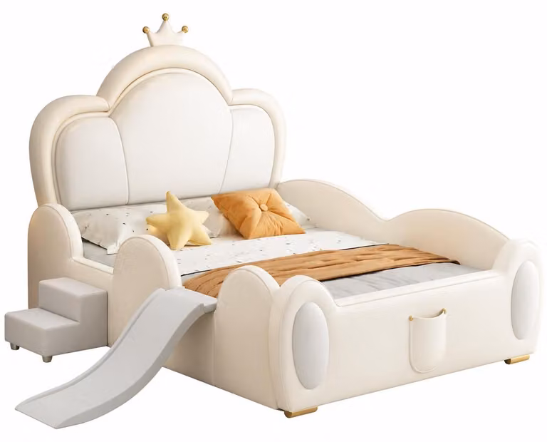 Letto per bambini beige, con scivolo e scaletta, ideale per una cameretta a tema principessa