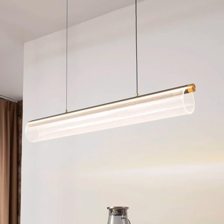 Lucande lampada LED a sospensione Alania, trasparente, metallo, 86,5 cm Alania Lucande, dimmerabile, Chiaro / Trasparente, Soggiorno / Sala da pranzo, Plastica, Moderno
