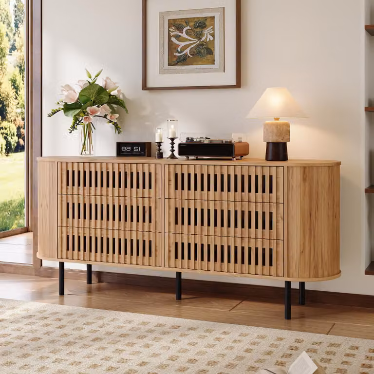 Comò okwish con gambe in metallo, design a listelli forati, mobile contenitore con 6 cassetti, ampio spazio di stoccaggio, stile naturale