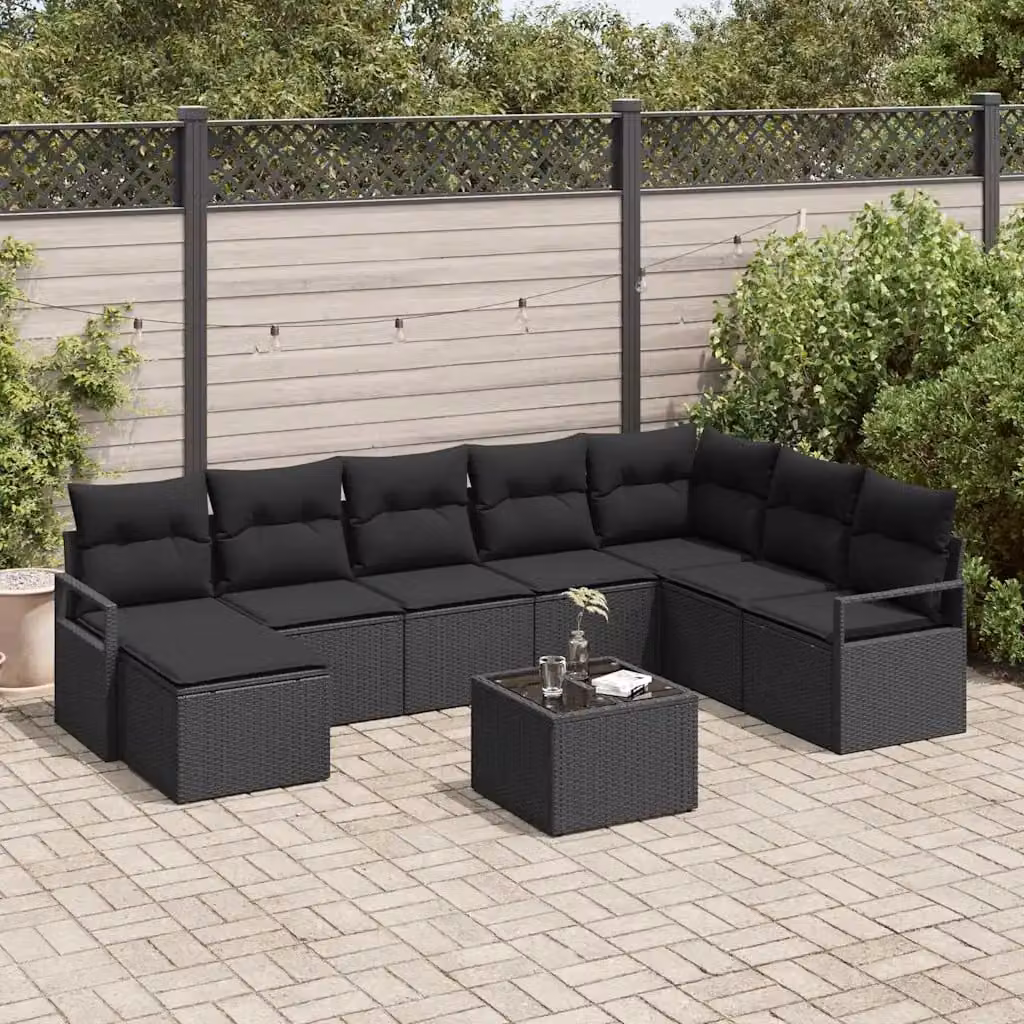 Set di divani da giardino vidaXL a forma di L in rattan nero con cuscini e tavolino da esterno, 9 pezzi – 1