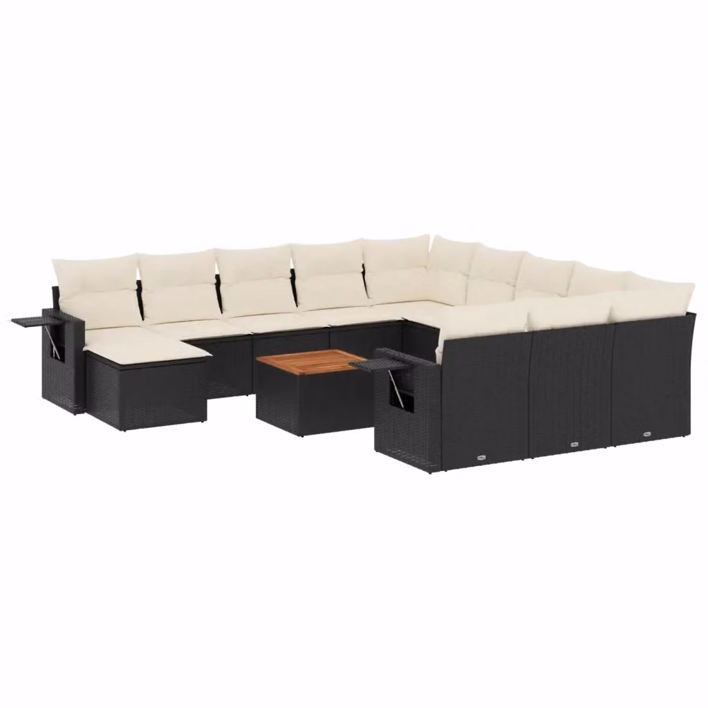 Set di divani da giardino vidaXL a forma di U composto da 13 pezzi con cuscini, tavolino e pouf in polyrattan nero e legno di acacia – 2
