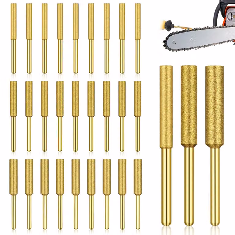 Kit per affilare catene motosega, composto da 30 pezzi, con mole abrasive diamantate da 4 mm, 4,8 mm e 5,5 mm, ideale per l'uso in giardino e per la lavorazione del legno