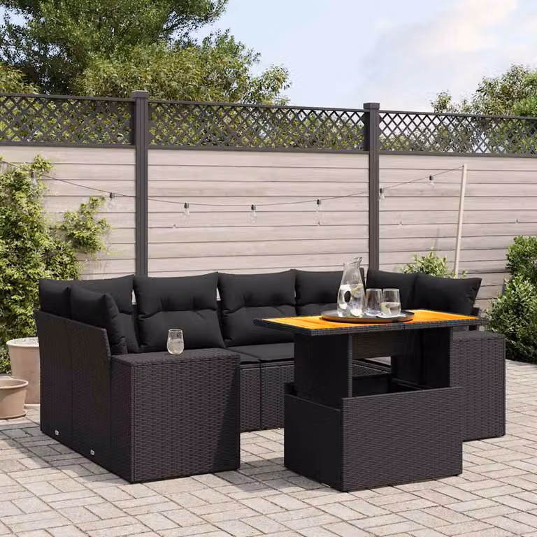 vidaXL Set Divani da Giardino a L con Cuscini 7pz Nero Polyrattan e Legno di Acacia