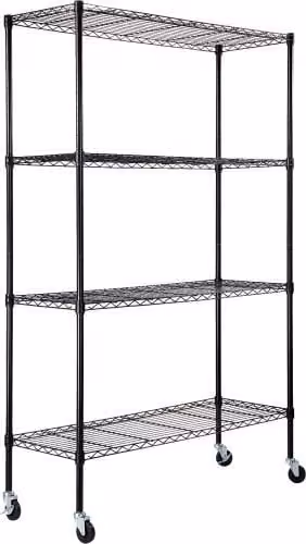 VEVOR Scaffale portaoggetti con ruote in metallo nero, 4 ripiani regolabili, scaffale da garage per carichi pesanti, L/P/H: 120 x 45 x 188 cm