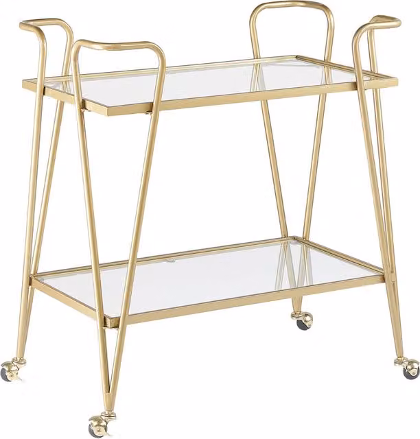 Carrello portaoggetti Beliani in metallo dorato e vetro con ruote per cucina e soggiorno, due piani, L: 76 cm, P: 45 cm, H: 83 cm