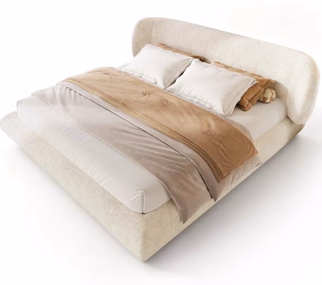 Letto matrimoniale 180x200 cm in ciniglia beige con testiera; rete a doghe e imbottitura in schiuma