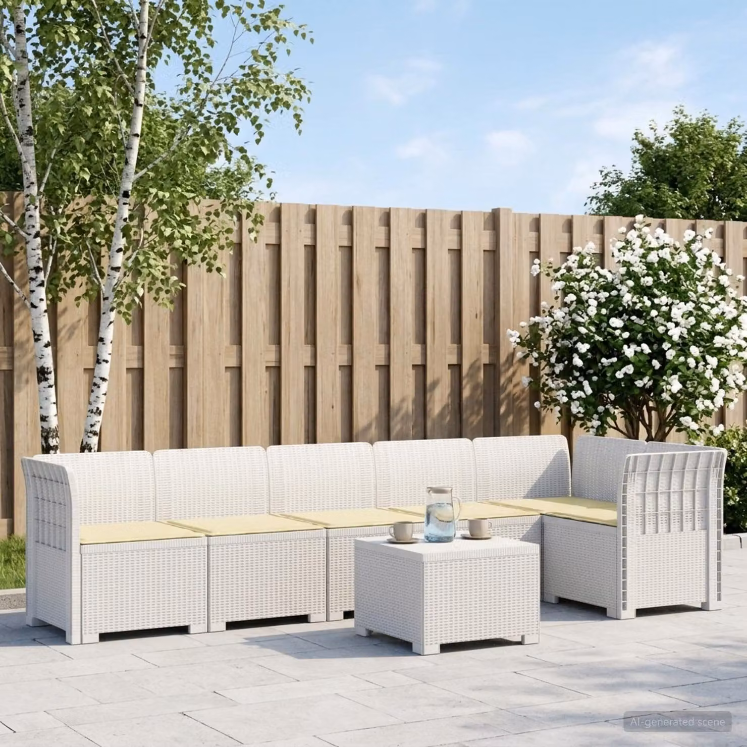 Set da giardino vidaXL composto da divano angolare a L, tavolino e cuscini, design moderno in rattan bianco e beige con coperture rimovibili e resistenti ai raggi UV