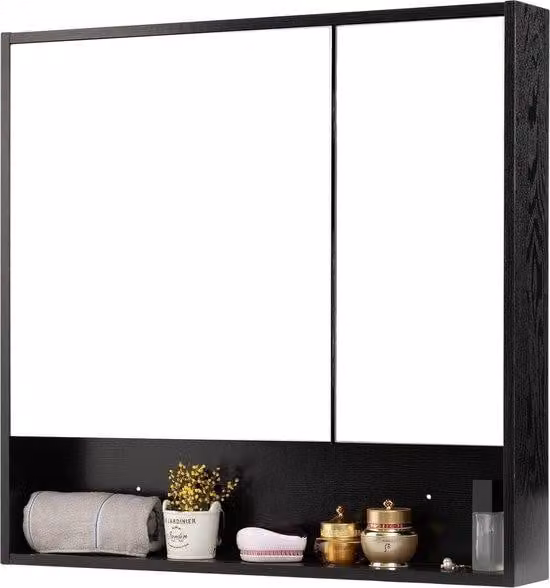 Armadietti da bagno con ripiano nero, doppia anta a specchio, armadietto da bagno a parete, montaggio a parete, armadietto per WC