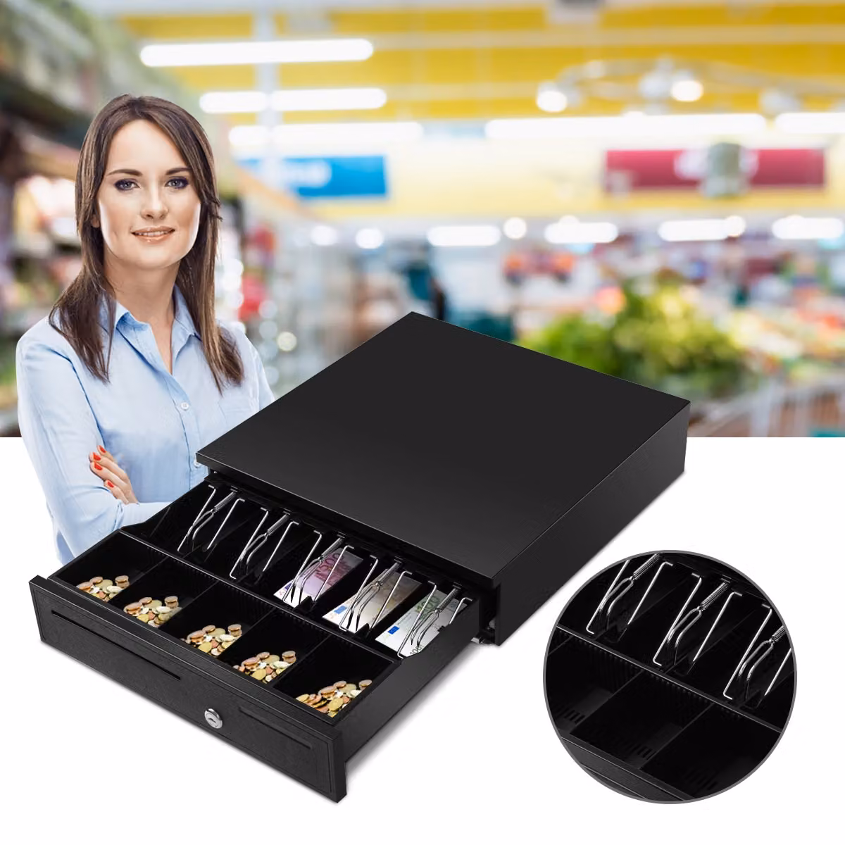 Cassetta per contanti automatica in metallo Costway Nero L: 40,5 cm, P: 42 cm, H: 10 cm