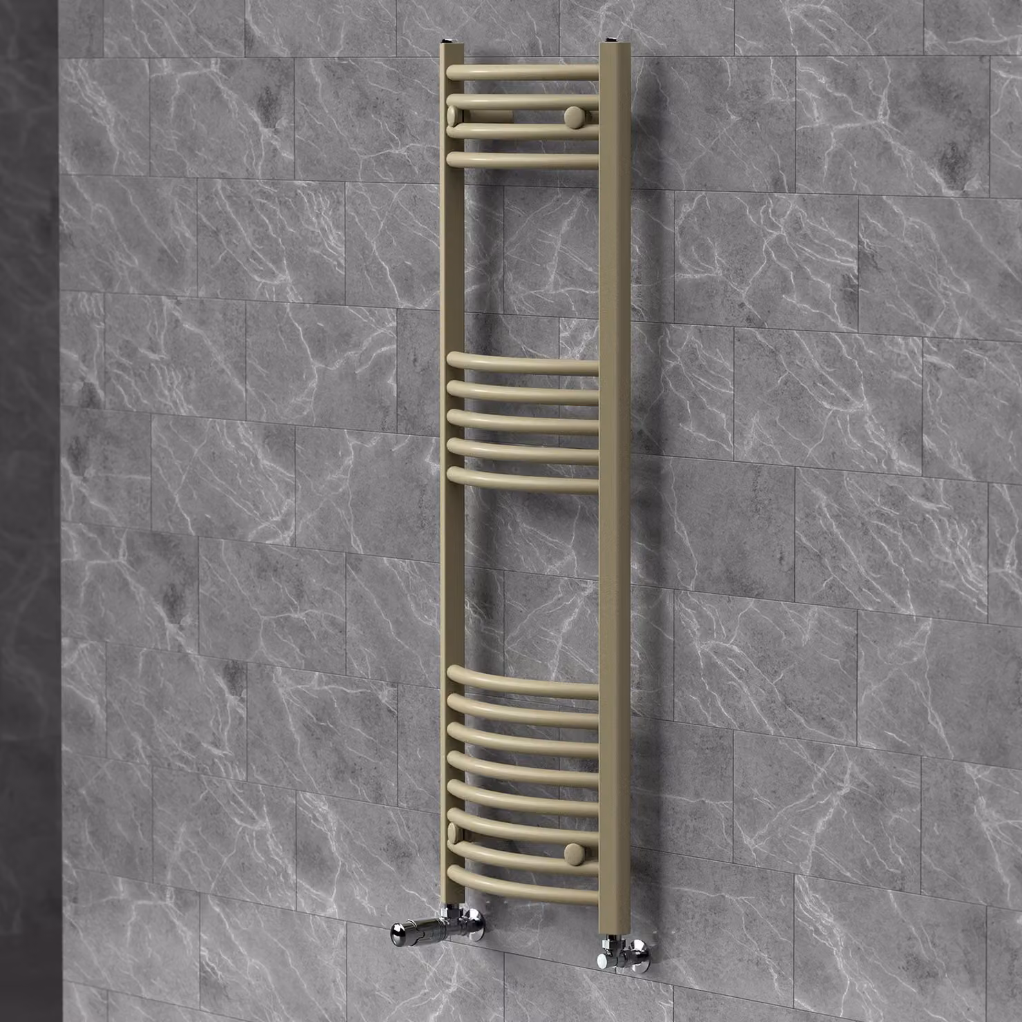 Asciugamani radiante LuxeBath 400x1200 mm, radiatore per bagno con valvola termostatica, asciugamani Sahara curvo con attacco laterale, portasciugamani, color beige