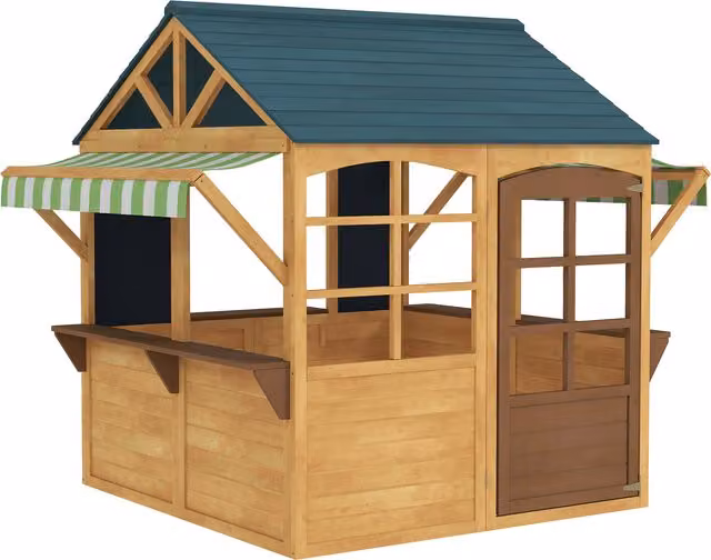 Casetta per bambini AIYAPLAY in legno di abete con 5 finestre e 2 lavagne, Marrone e Blu, L: 117 cm, P: 173 cm, H: 144 cm