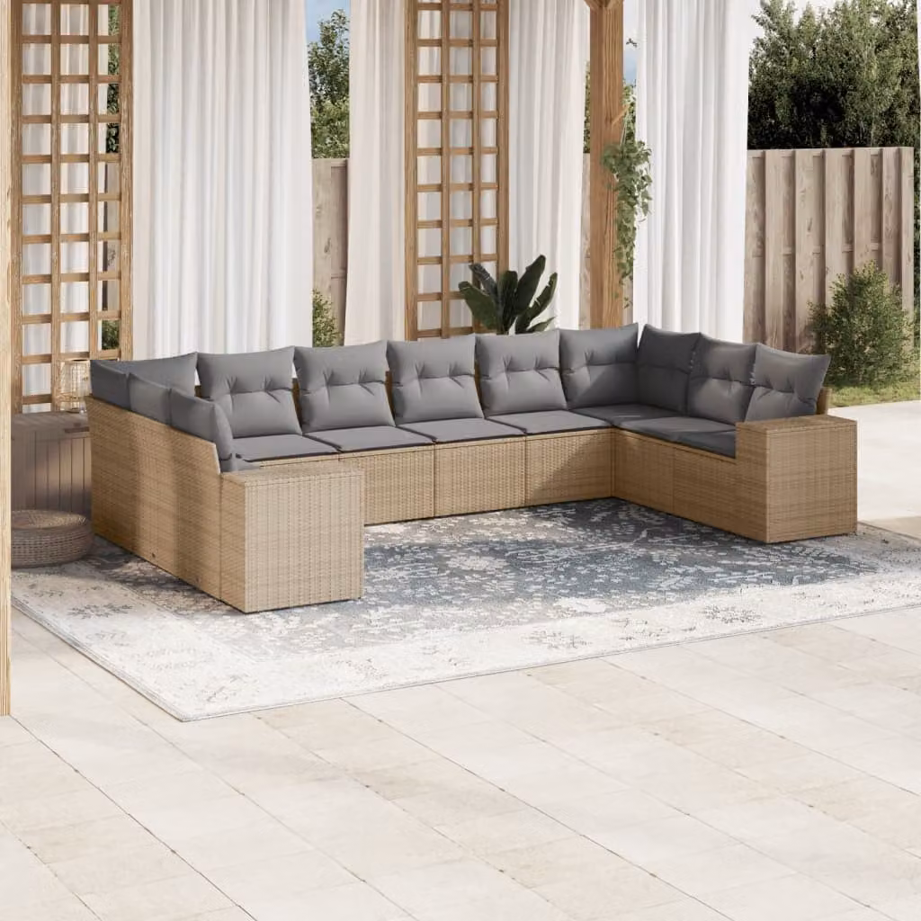 vidaXL Set Divano da Giardino a L 10 pz in Polyrattan con Cuscini Beige e Grigio e Struttura in Acciaio – 1