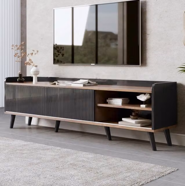Mobile TV ULEVR 160x40x58 cm con 2 ante scorrevoli, 2 cassetti e ripiani, nero e finitura legno
