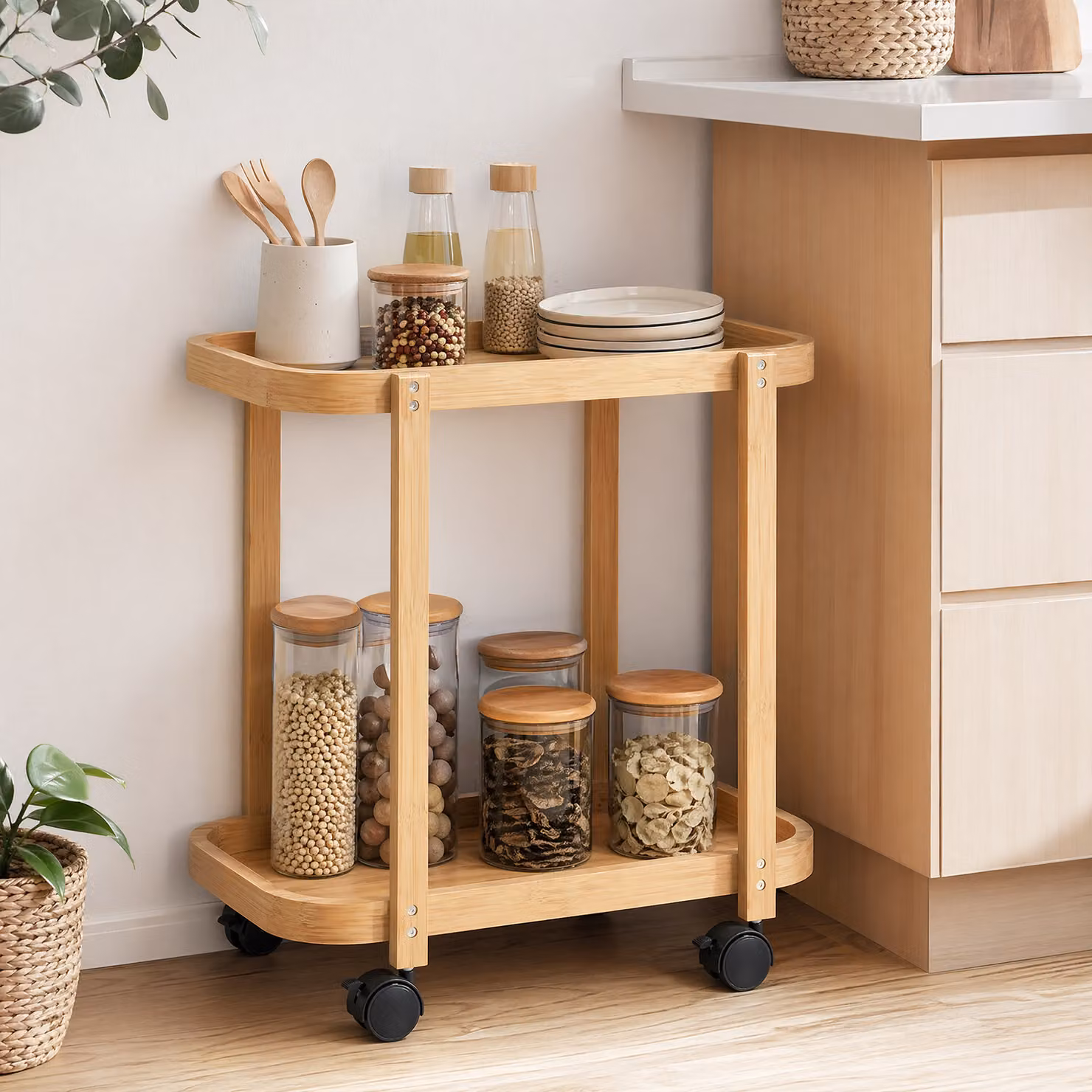 Carrello da cucina HOMCOM a 2 livelli in bambù con ruote, Legno Naturale, L 54 cm x P 36,5 cm x H 60 cm – 2