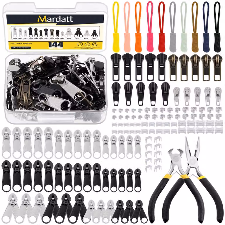 Kit di riparazione per cerniere con 144 pezzi, completo di strumento di installazione, ideale per giacche e zaini