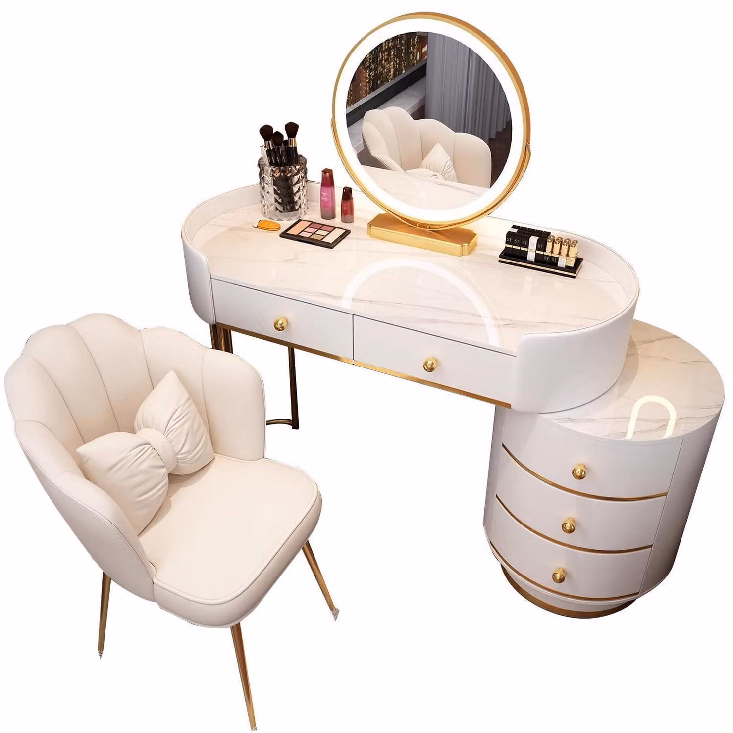 Set da trucco con specchio e 5 cassetti, colore bianco, 100 cm
