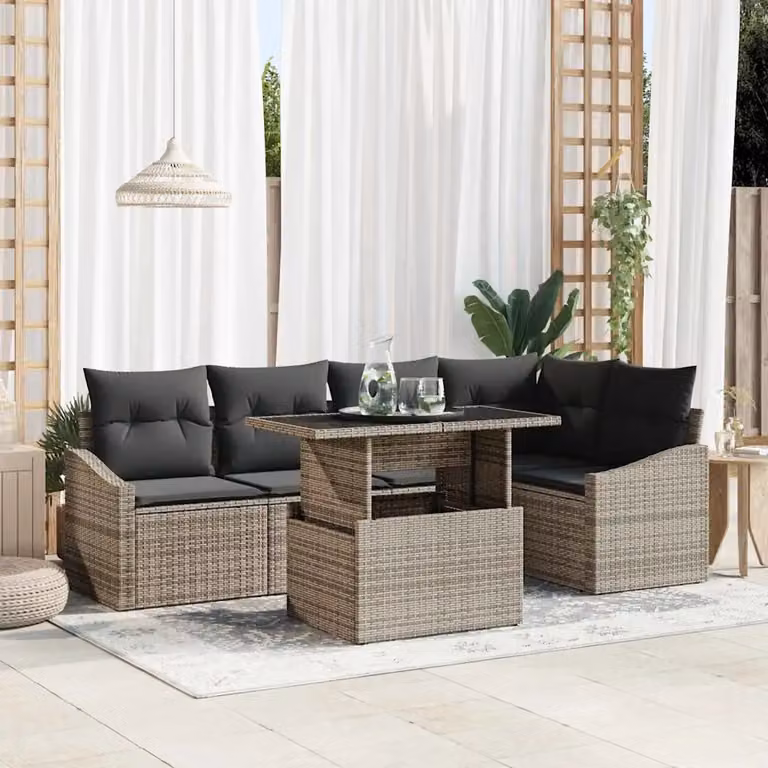 Set Divano da Giardino vidaXL 6 Pezzi a Forma di L con Tavolino e Cuscini Grigio