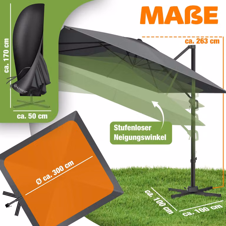 KESSER® Ombrellone da giardino SUN XL, 300x300 cm, girevole e inclinabile a 360°, con copertura inclusa