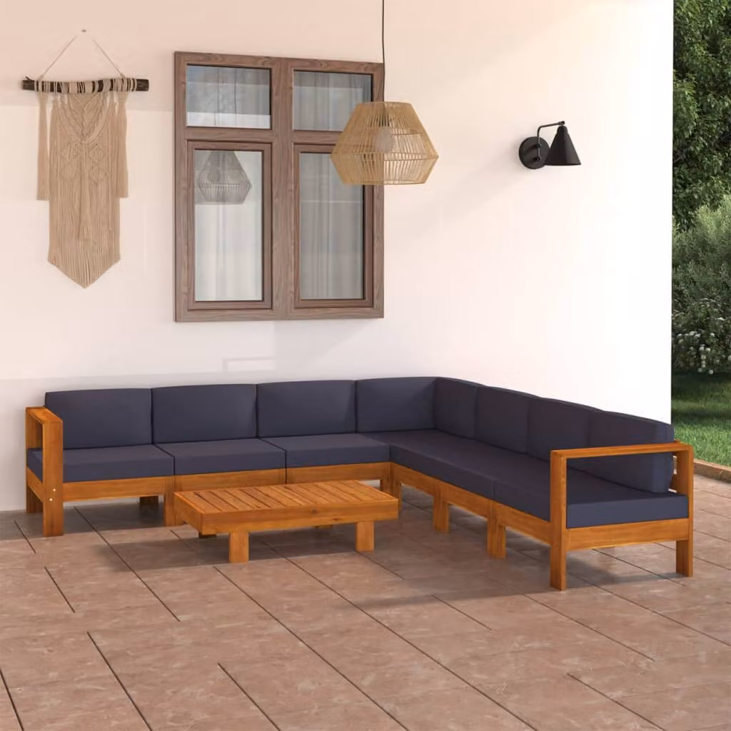 vidaXL Set Divani da Giardino 8 Posti a Forma di L in Legno di Acacia con Cuscini Grigi e Tavolino – 1