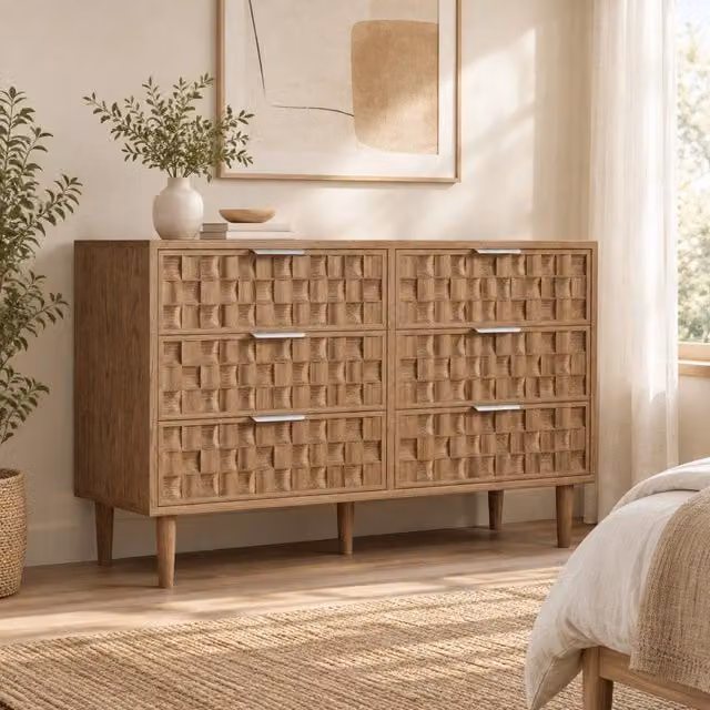 Credenza 120x37x77 cm in MDF effetto rovere, 6 cassetti salvaspazio –