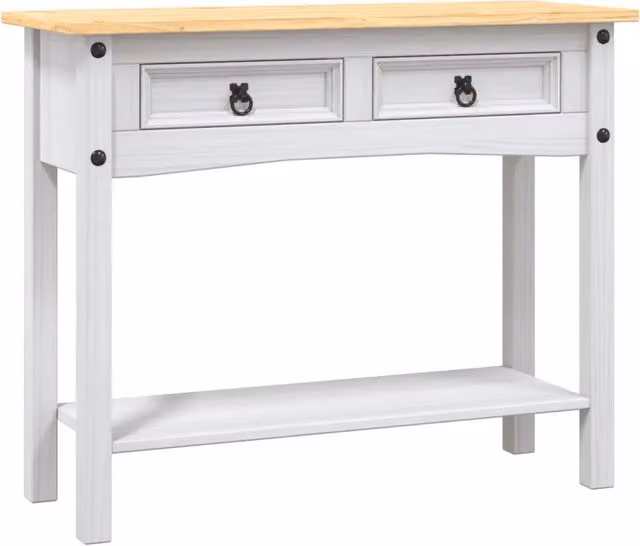 Tavolo Consolle d'Ingresso in Pino Messicano Design in Stile Rustico Bianco e Marrone L 90 cm, P 34,5 cm, H 73 cm