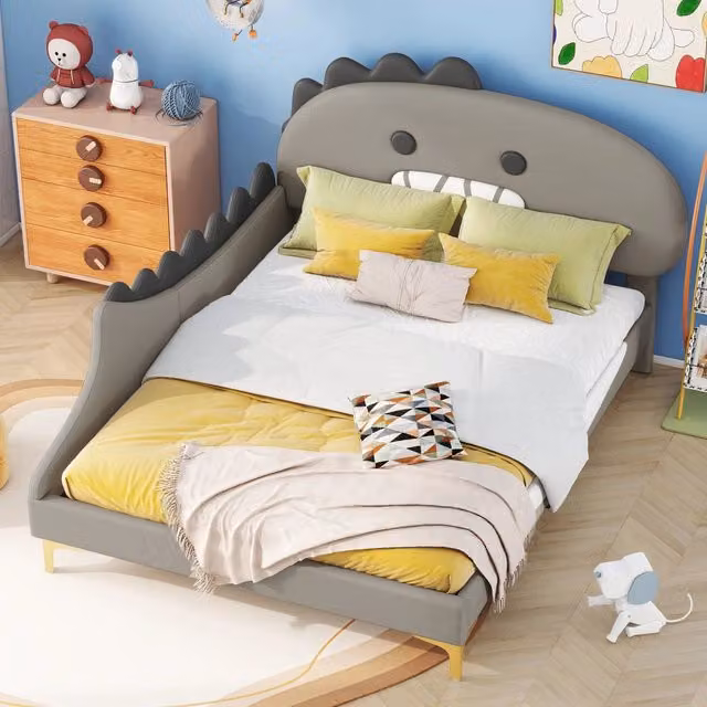 Letto per bambini 140 × 200 cm con testiera a dinosauro, senza materasso, in PU e MDF, grigio