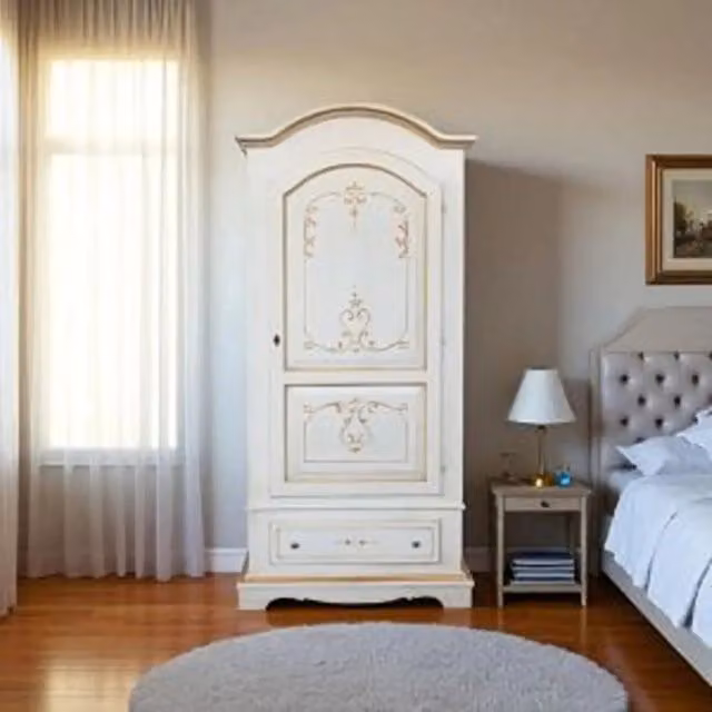 Armadio Rovigo KIVIO in legno massiccio stile shabby chic bianco anticato con decorazioni arancio per camera da letto H: 196 cm, L: 96 cm, P: 56 cm