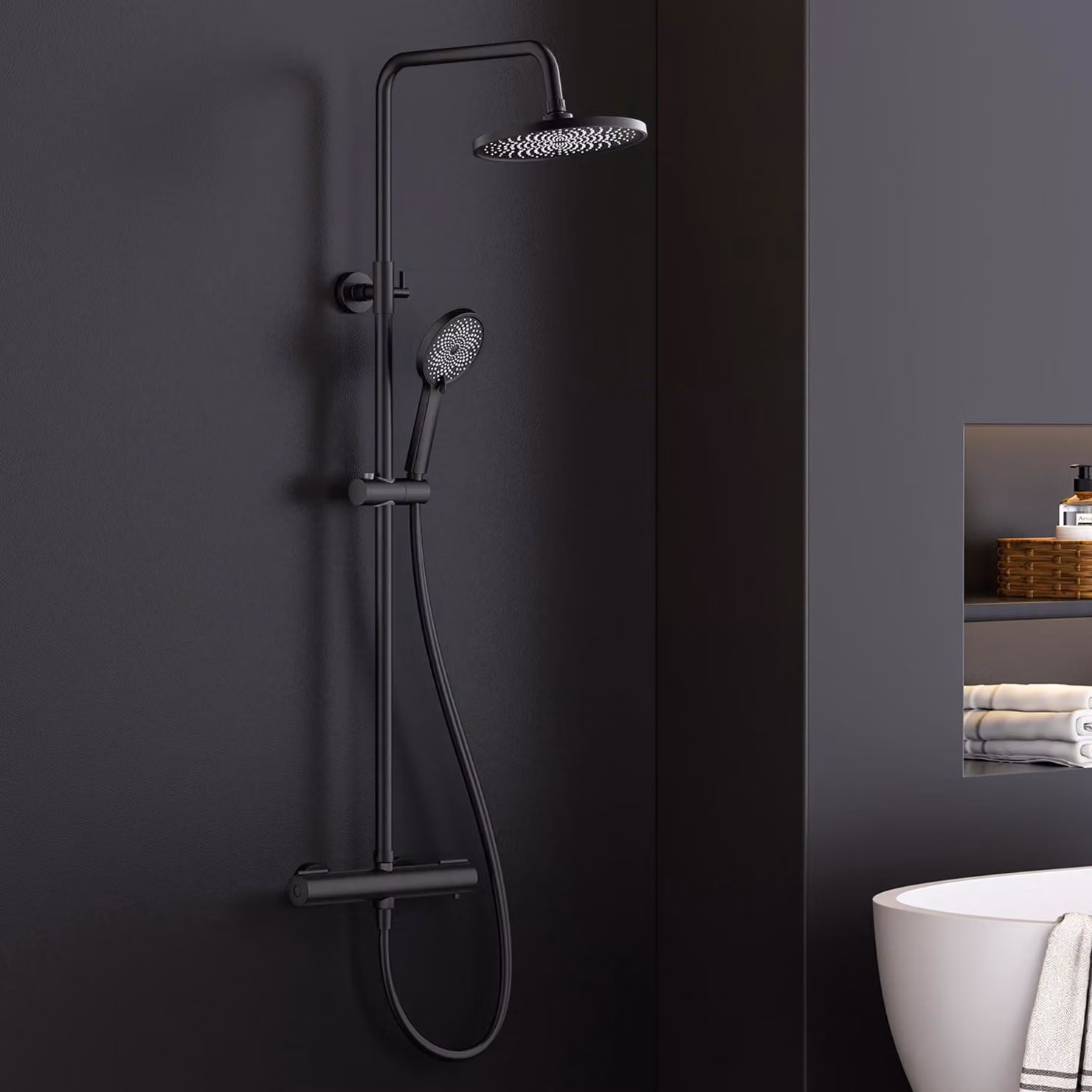 Set doccia con termostato, soffione a pioggia da 25 cm, altezza regolabile da 90 a 125 cm, colore nero