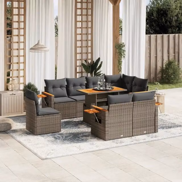 Set Divano da Giardino 9 pz con Cuscini Grigio in Polyrattan 3273615